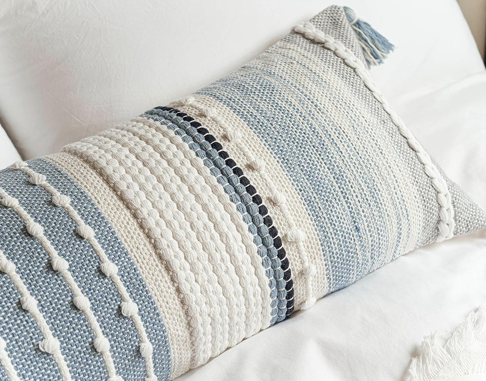 BlissBlush Coastal Blue Decorative Lumbar Pillow Cover 14x36 Boho Long Body P...