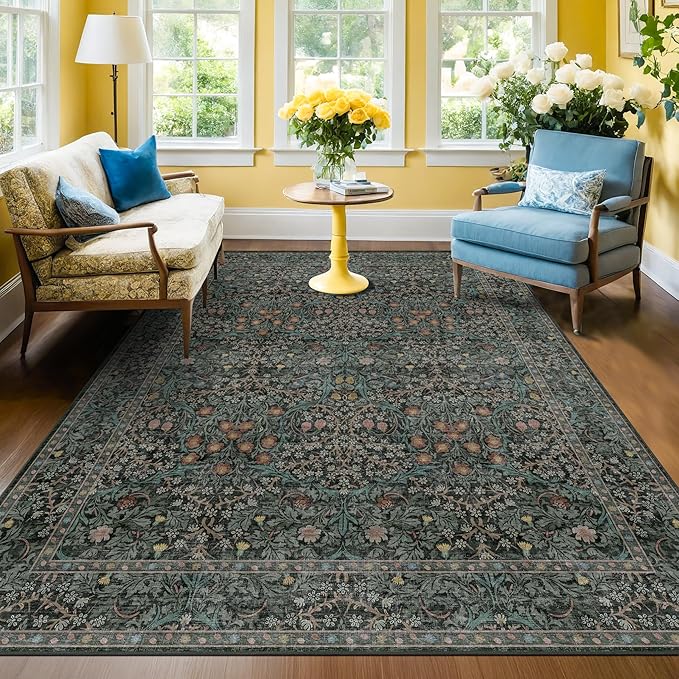 Dark Green Floral Living Room Rug 5x7 Area Rug by HazoHaus