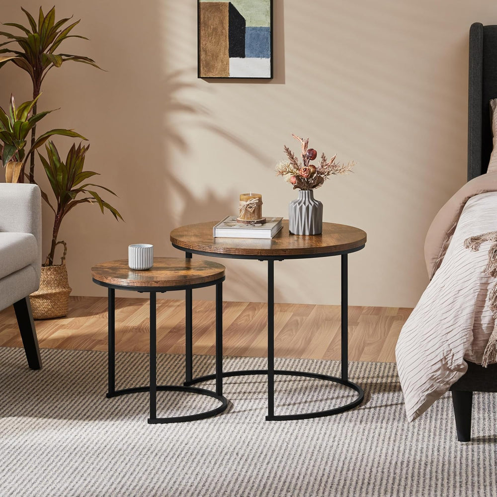 Yaheetech Small Round Nesting Coffee & Side Table Set of 2, Rustic Brown ...