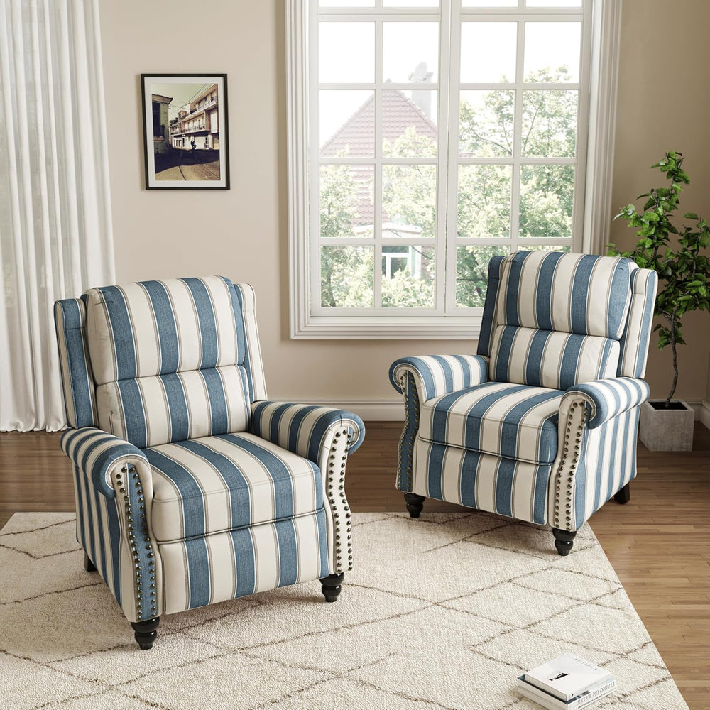 Pushback Recliner Chair, Fabric Wingback Recliner, Navy Stripe