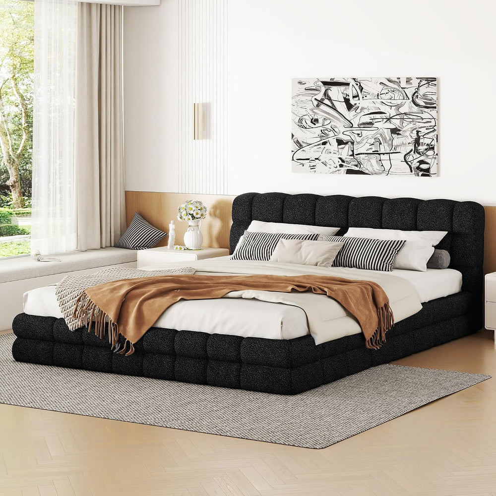 SOFTSEA Queen Size Upholstered Platform Bed, Fleece Floor Bed with Tufted Hea...