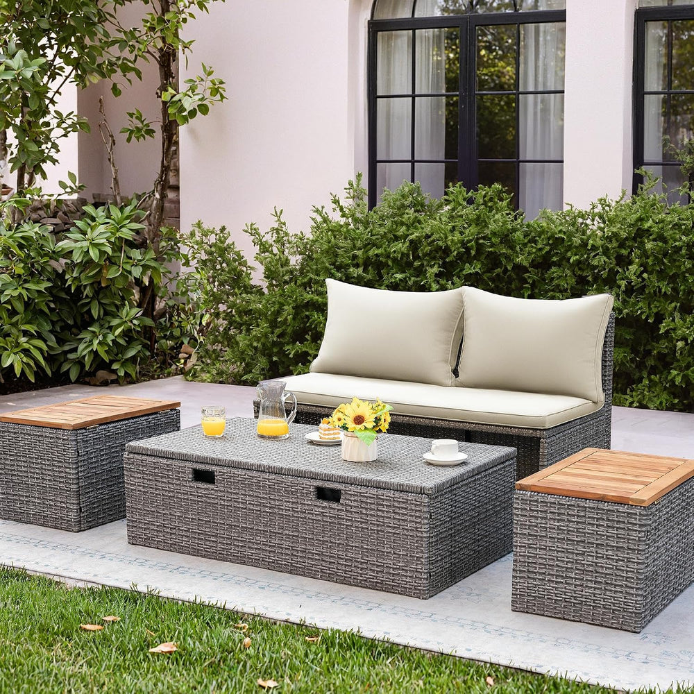Flamaker Outdoor Rattan Daybed with 2 Side Tables, Wicker Patio Sofa