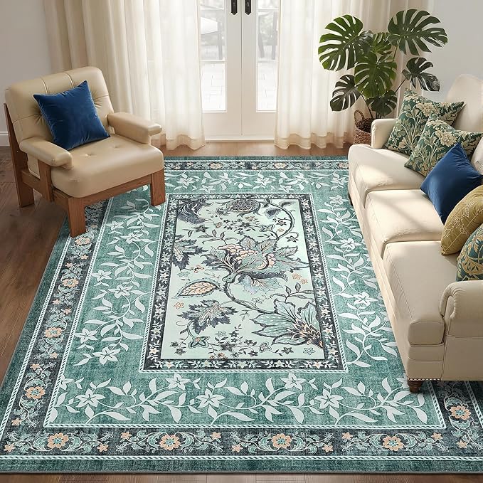 GarveeHome Teal Washable 5x7 Area Rugs, Botanical Grove Vintage Cottage core by GarveeHome