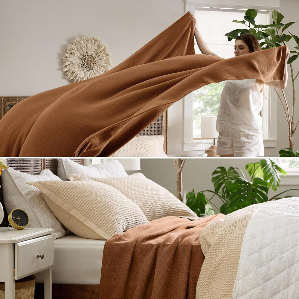 Bedsure 100% Cotton Blanket, Herringbone Weave, Queen Size, Burnt Orange