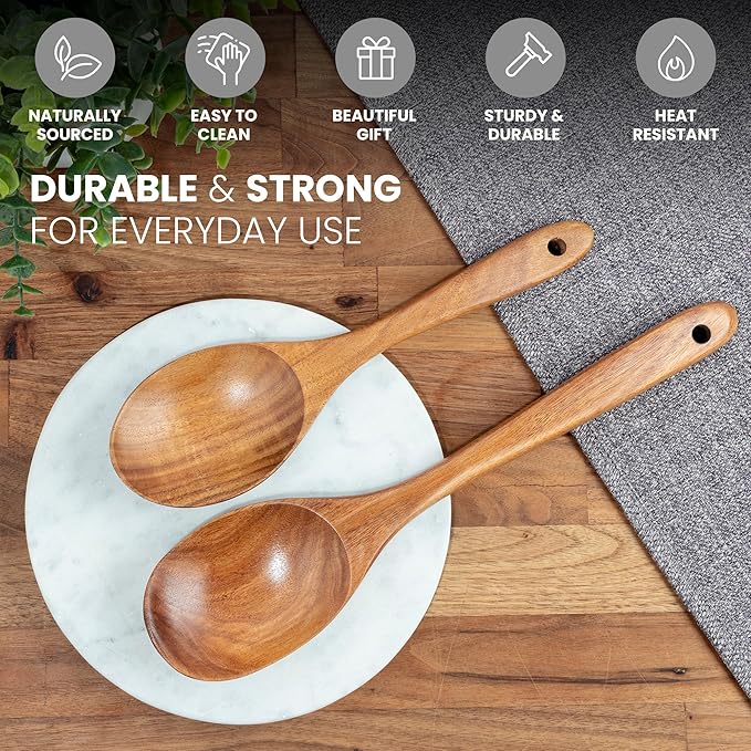 Zulay Kitchen Teak Wood Utensil Set – 2 Piece Large and Small Wooden Cooking - Image 3