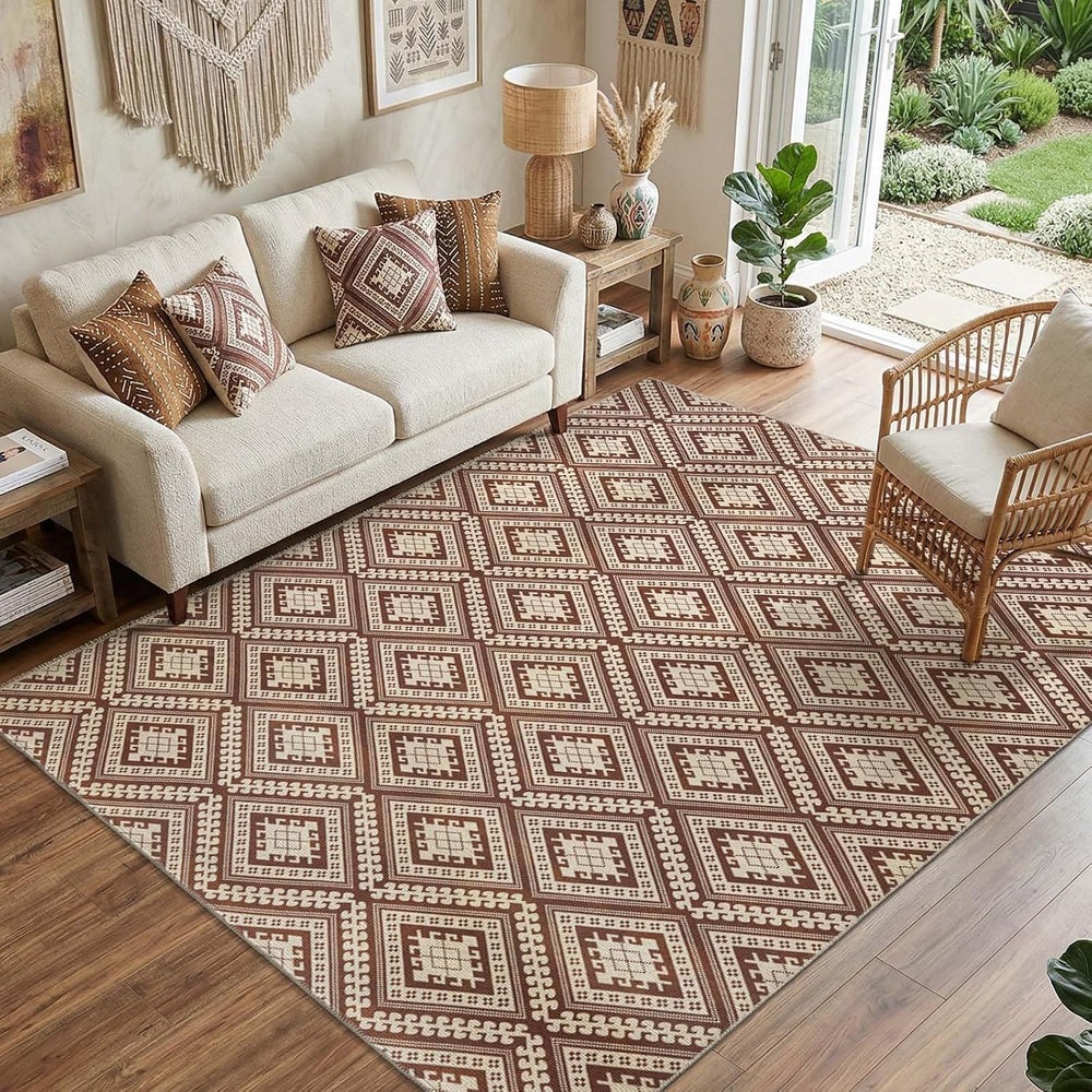 jinchan 5x7 Faux Jute Area Rug Washable Tile-Inspired Rug, Terracotta Brown