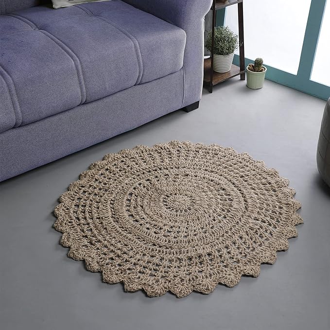 Hausattire Hand Woven Jute Crochet Rug, 3’ Round – Natural, Anti-Slip Accent by Hausattire