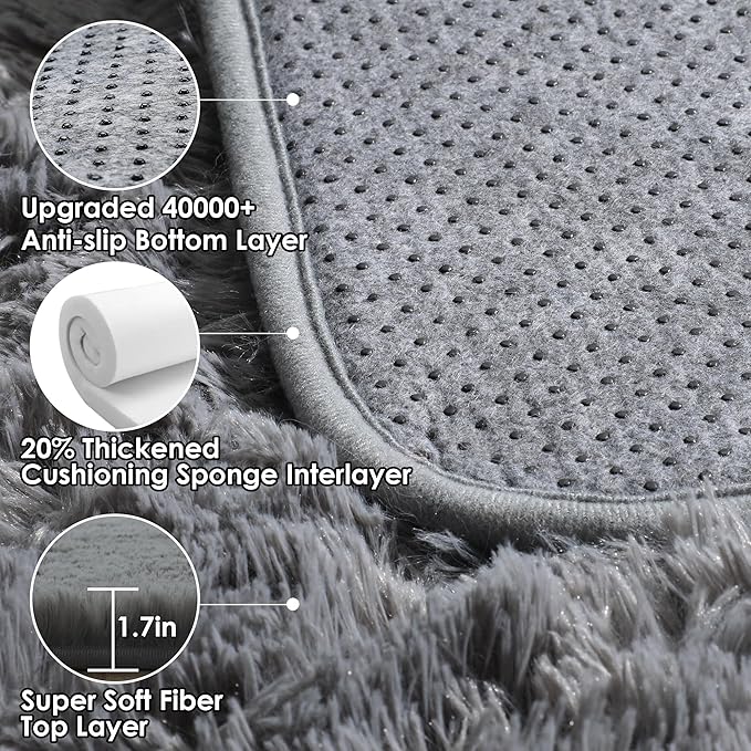 ONASAR Grey Area Rugs for Living Room, 5x8 Gray Fluffy Shag Bedroom Rug - Image 3