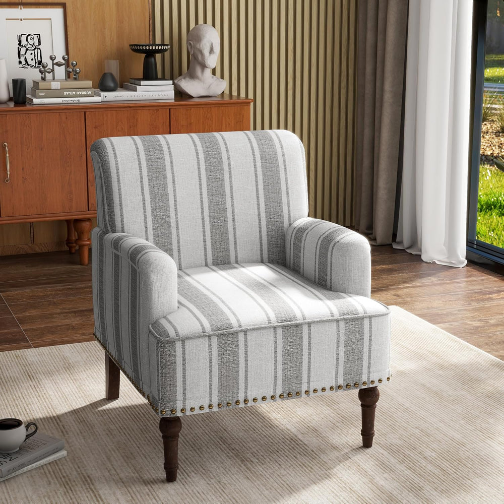 Stripe Accent Chair, Fabric Upholstered Armchair, Gray