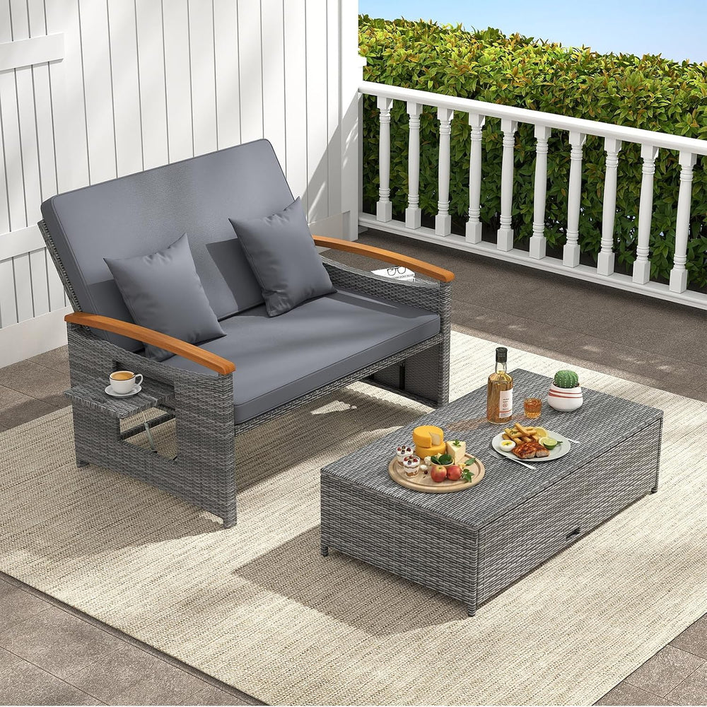 LDAILY Moccha Outdoor Wicker Daybed, Patio Rattan Loveseat Sofa w/ 4-Level Ad...