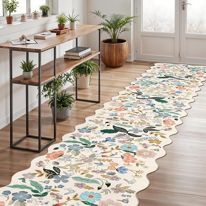 Washable 3x12 Hallway Runner Rug: Soft Floral Scalloped Runners - Image 3