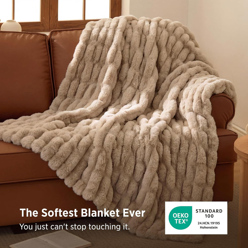 Bedsure Soft Double-Sided Faux Fur Throw XL Blanket, Light Brown, 50"x70...