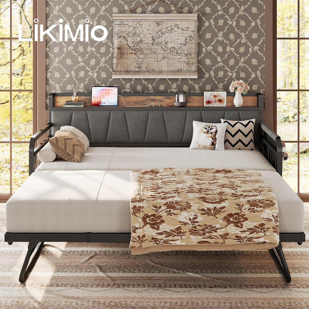 LIKIMIO Twin Daybed with Trundle, Twin Bed Frames, Grey/Brown