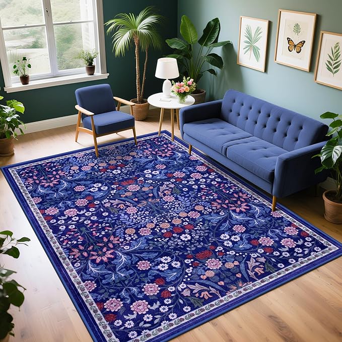 Area Rug Living Room Rugs: Floral 4x6 Washable Rug Vintage Soft Boho Non-Slip by PLHXFRSoftAreaRugs