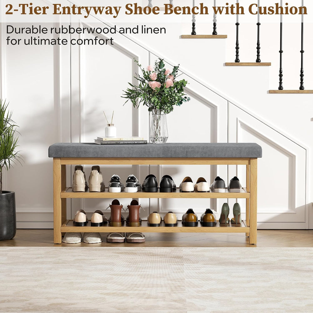 2 Tier Shoe Rack Bench with Cushion, Rubberwood Shoe Benches, Mid-Century Mod...
