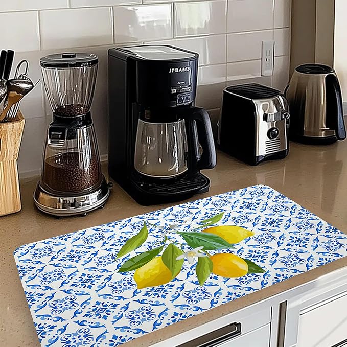 Blue and White Floral Lemon Dish Drying Mat, Mediterranean Tiles Coffee Bar Mat - Image 2