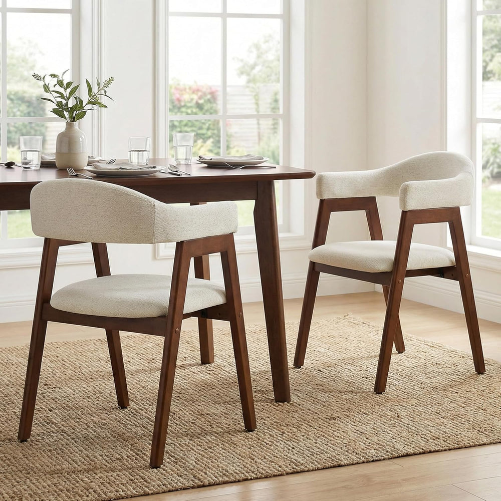 VKNOW Wooden Barrel Dining Chairs Set of 2 with Arms and Curved Back, Beige