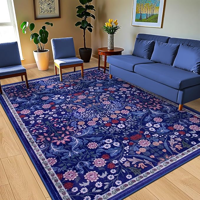 Area Rugs 9x12 Living Room: Floral Washable Rug Vintage Large Soft Boho - Image 2