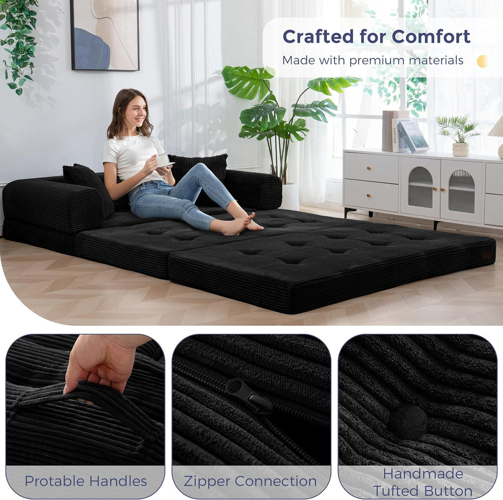 MAXYOYO 63" Convertible Sofa Bed, Boneless Futon Couch Floor Sofa, Black