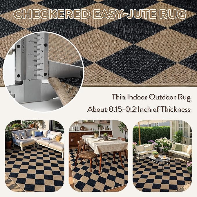 Lahome Colette Checkered Easy Jute Patio Rug, 6x9 Washable Indoor Outdoor Rug - Image 3