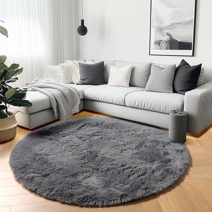 ONASAR Grey Round Rugs 8ft for Living Room, Fluffy Bedroom Circle Area Rug - Image 6