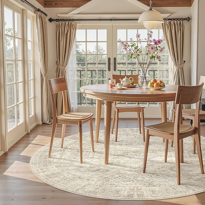 5x5 Beige Round Rug 5ft Living Room Circle Rug Vintage Round Area Rug Non Slip - Image 9
