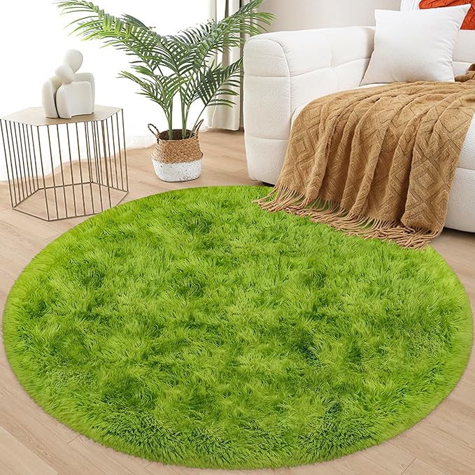 4x4 ft Tie Dye Green Round Rug for Bedroom Room Fluffy Circle Rug Furry Carpet - Image 3