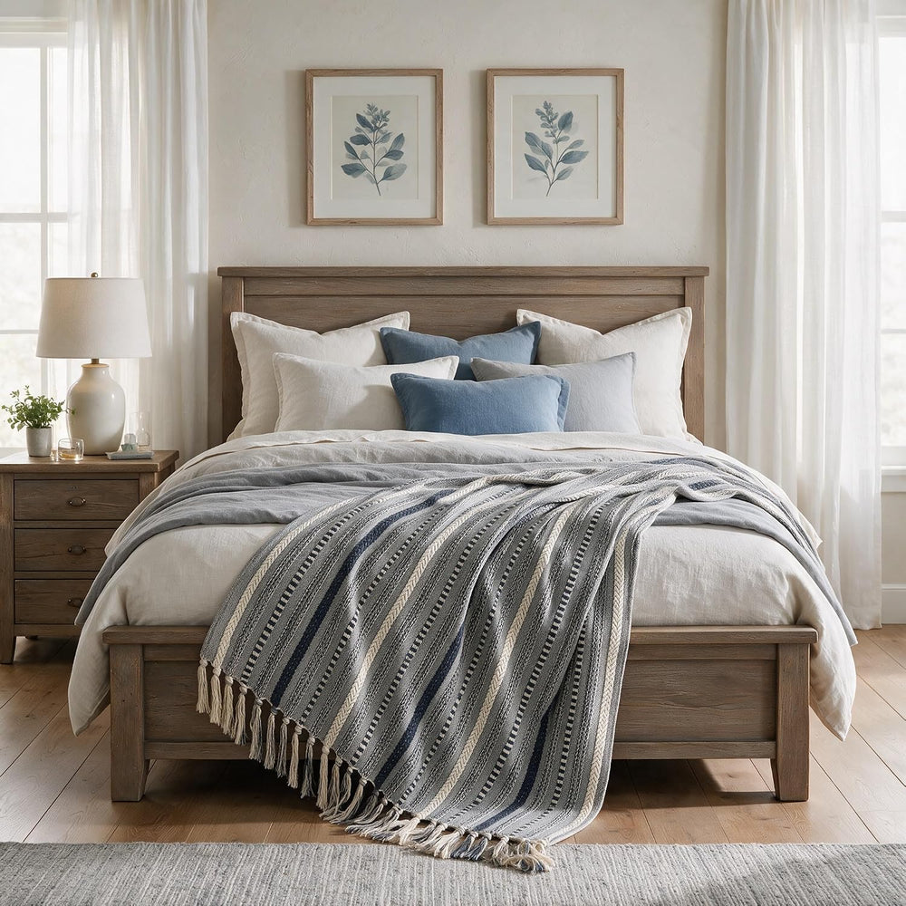 Horaldaily Braided Striped Decorative Throw Blanket, Navy Blue Soft Cozy Blan...