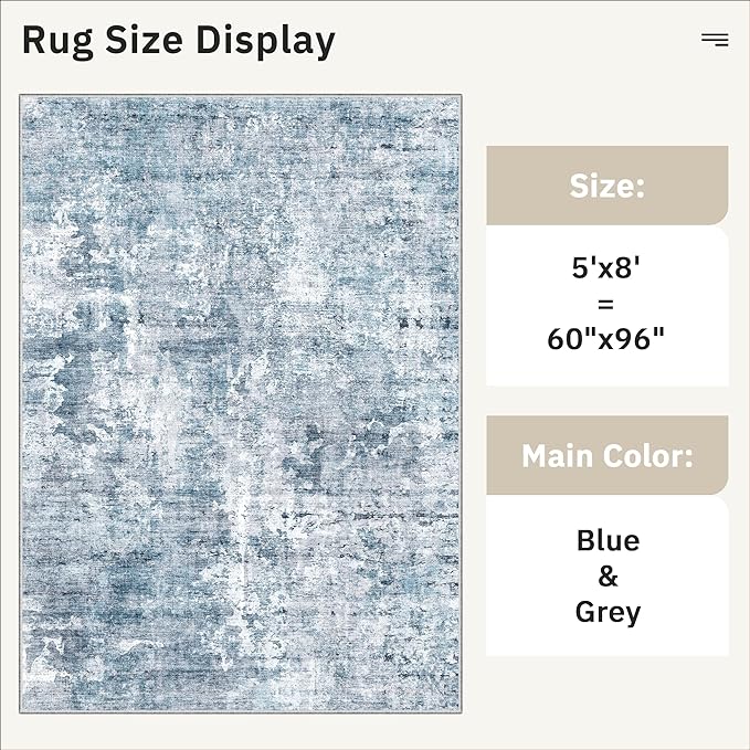 5x8 Area Rugs Blue/Grey Low Pile Indoor Washable Trendy Faded Style Rugs - Image 5