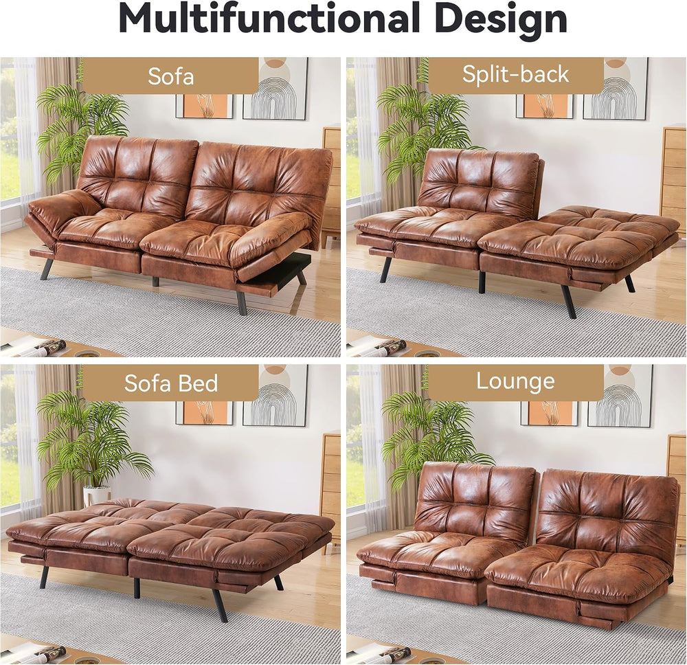 Brown Faux Leather Futon Sofa Bed,Convertible Futon Couch
