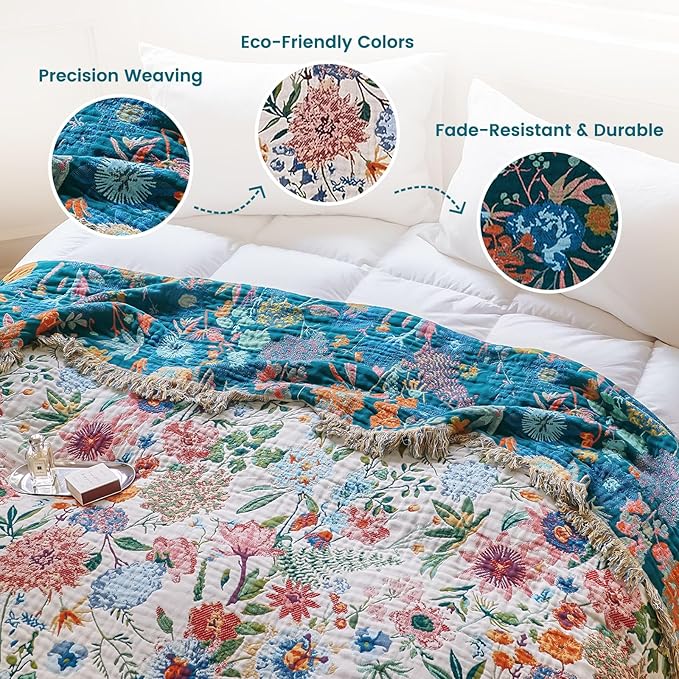 MSGKV Boho Throw Blanket 60"x80" Bed Floral 100% Cotton Blanket Spring - Image 3