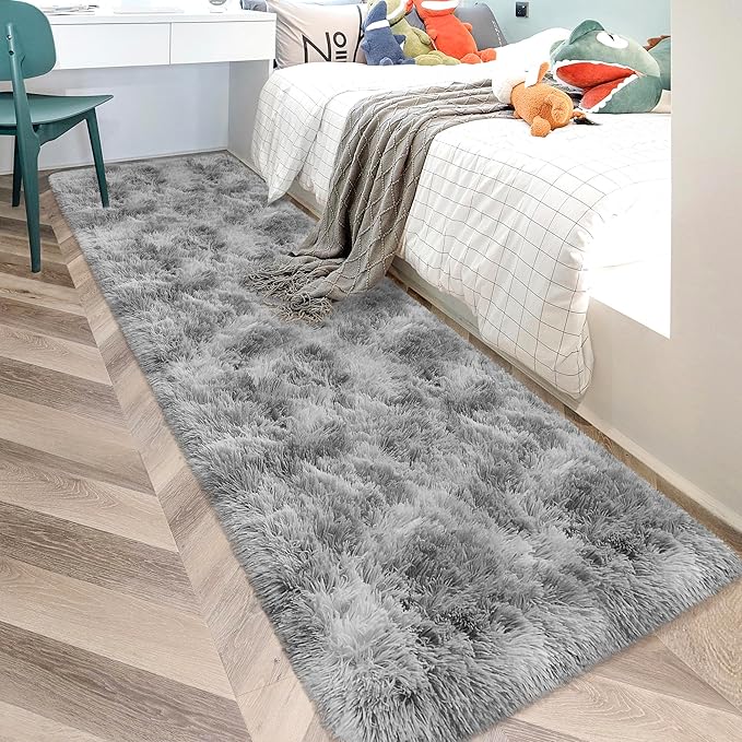 Super Soft Fluffy Living Room Area Rug 2x10 ft Tie-Dyed Light Grey Shaggy Furry by JiaoBaba