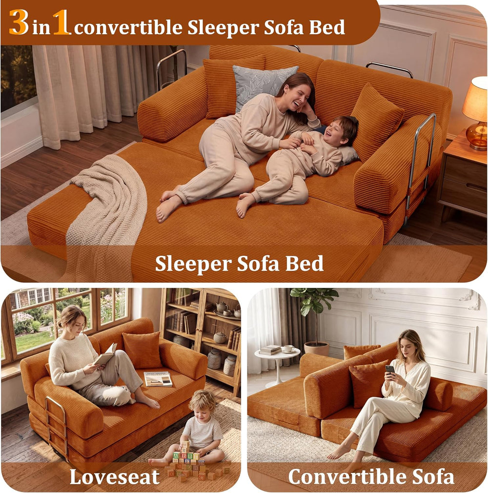 Convertible Sofa Couch Bed, 59"Folding Corduroy Floor Compression Lovese...