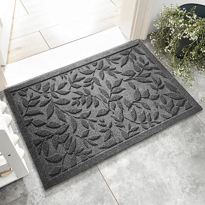 Grey Leaves Outdoor Indoor Entrance Doormats, Absorbent Durable Heavy Duty by VivaNest