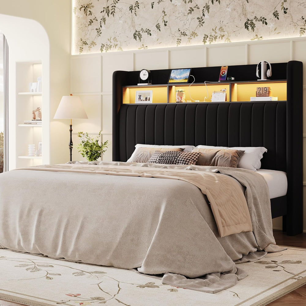 SHA CERLIN Full Size Platform Bed Frame / 2-Tier Storage Shelf/Velvet Wingbac...