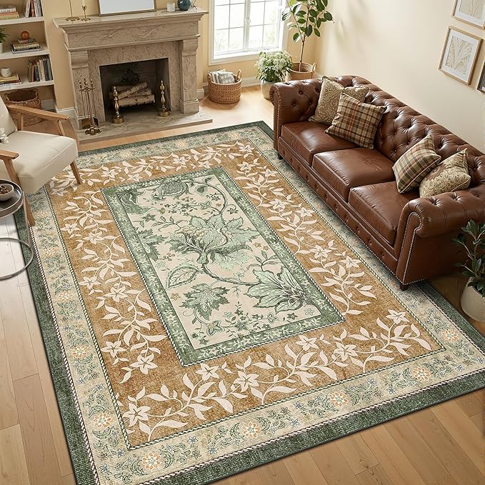 GarveeHome Terracotta Olive Sage Green Washable 6x9 Area Rugs, Botanical Grove - Image 3