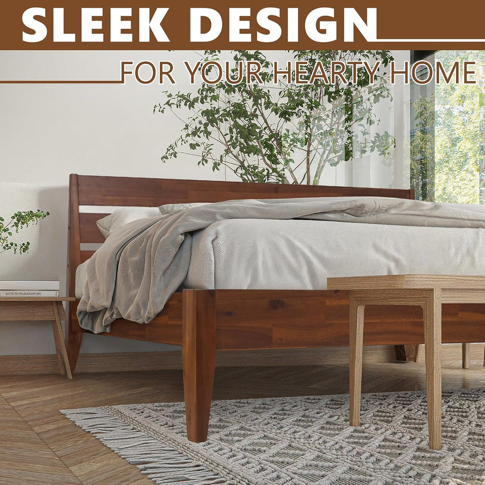 Emery Acacia Solid Wood Queen Platform Bed, Mid-Century, Chocolate.