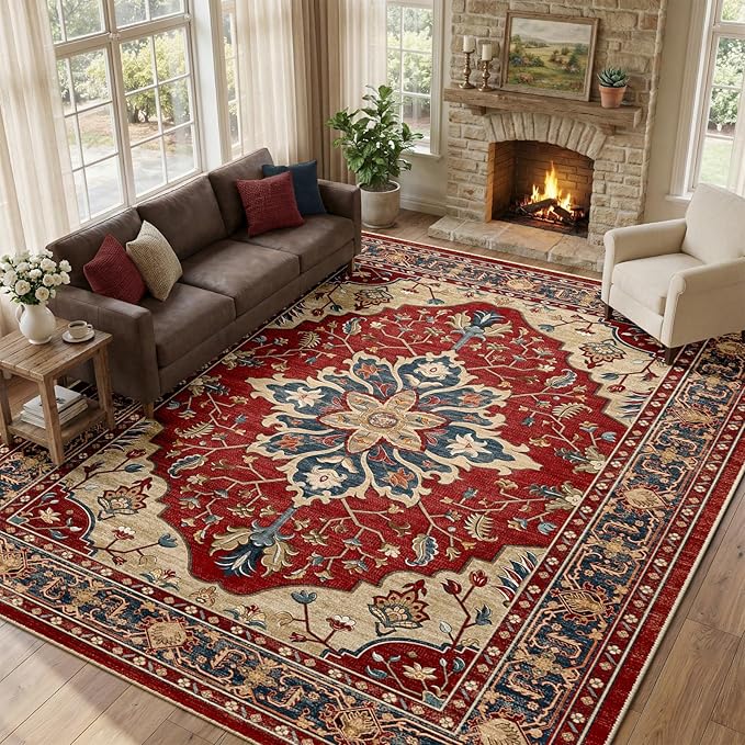 RELEANY Area Rugs 9'x12' Washable Non-Slip, Floral Vintage Distress Print by RELEANY