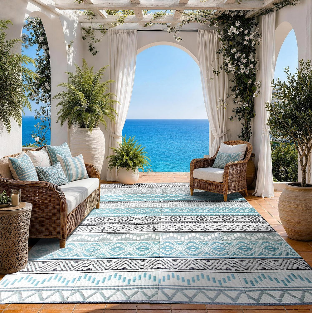 Outdoor Rug 8 x10 ft, Plastic Rug for Patio, Blue & Grey