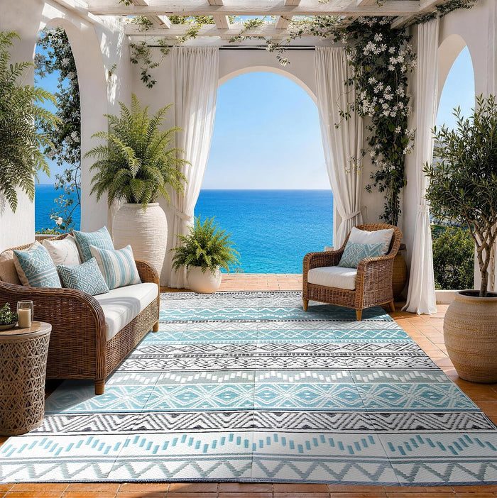 Outdoor Rug 8 x10 ft, Plastic Rug for Patio, Blue & Grey