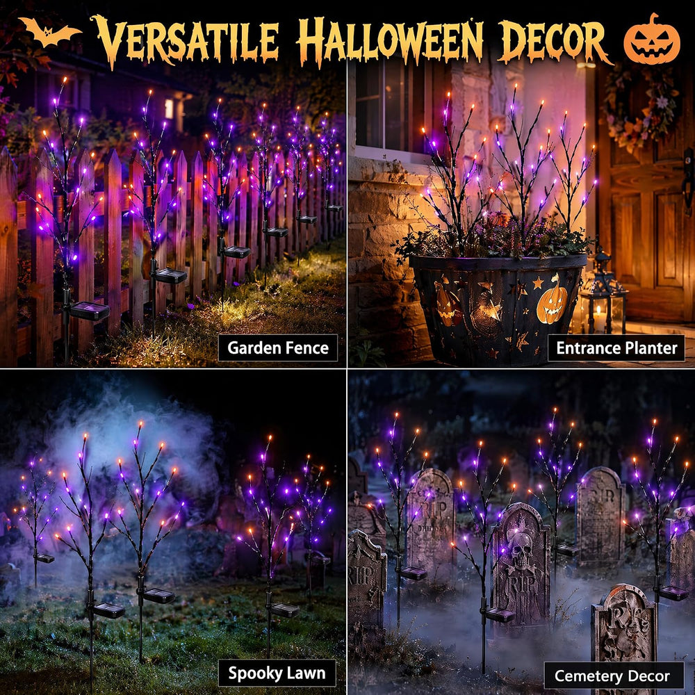 Solar Halloween Black Birch Tree Lights Orange Purple Outdoor Decor 4 Pack