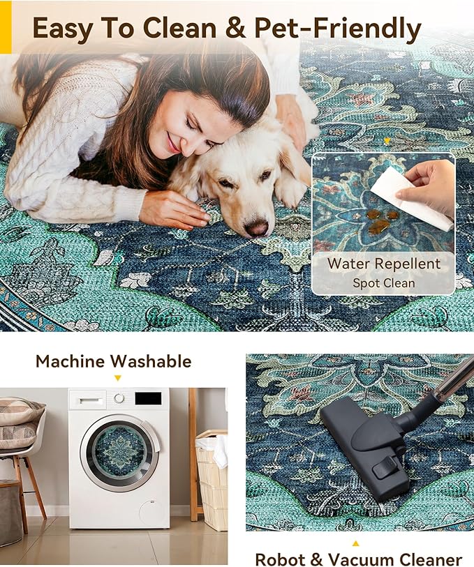 Area Rugs 4ft Washable Non-Slip, Floral Vintage Distress Print Pattern - Image 5
