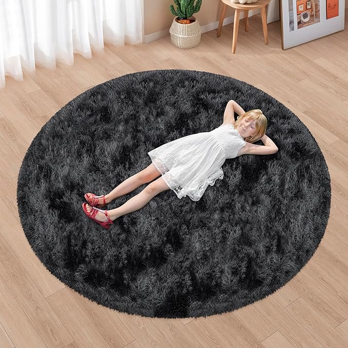 6x6 ft Tie Dye Black Round Rug for Bedroom Room Fluffy Circle Rug Furry Carpet by JiaoBaba