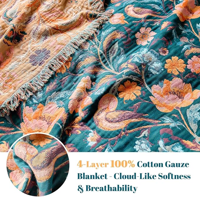 MSGKV Boho Throw Blanket for Bed 60"x80" Cotton Birds Floral Twin Size Couch - Image 4