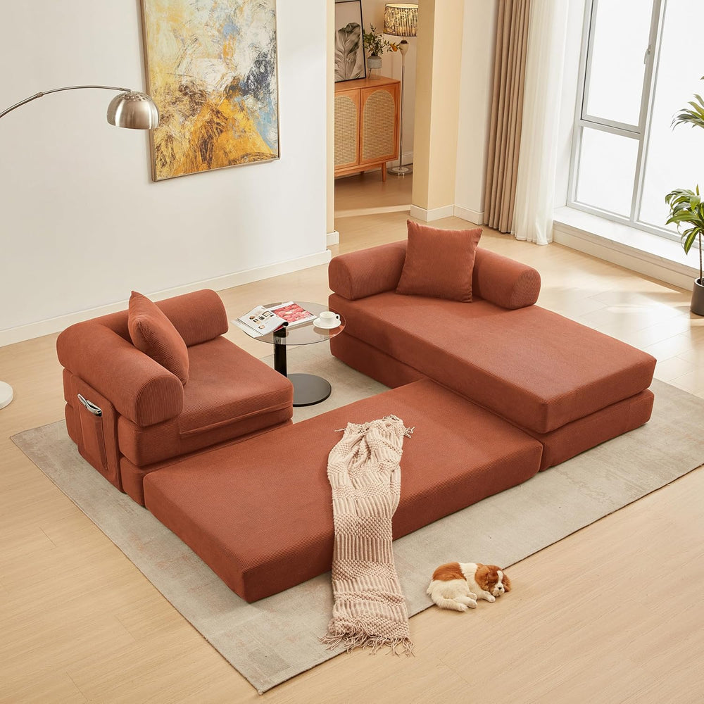 107" Modular Sectional Sofa Bed, L-Shape Corduroy Boneless Couch, Orange