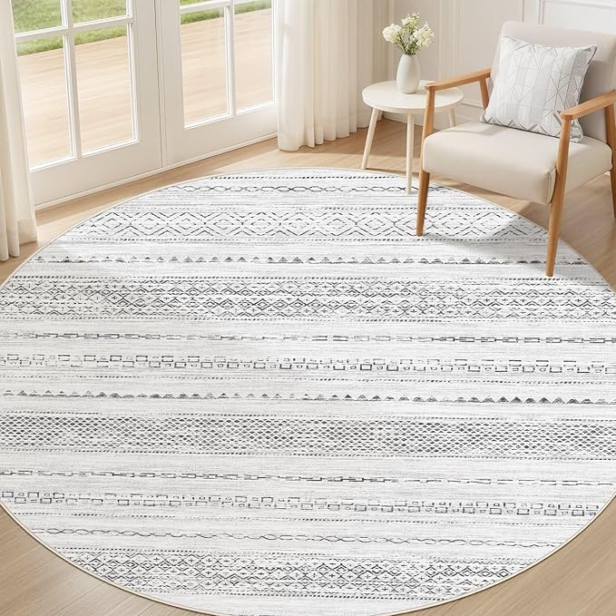 Nakagishi Round Rug Boho Area Rugs: 6x6 Washable Large Circle Neutral Soft by NakagishiAreaRug