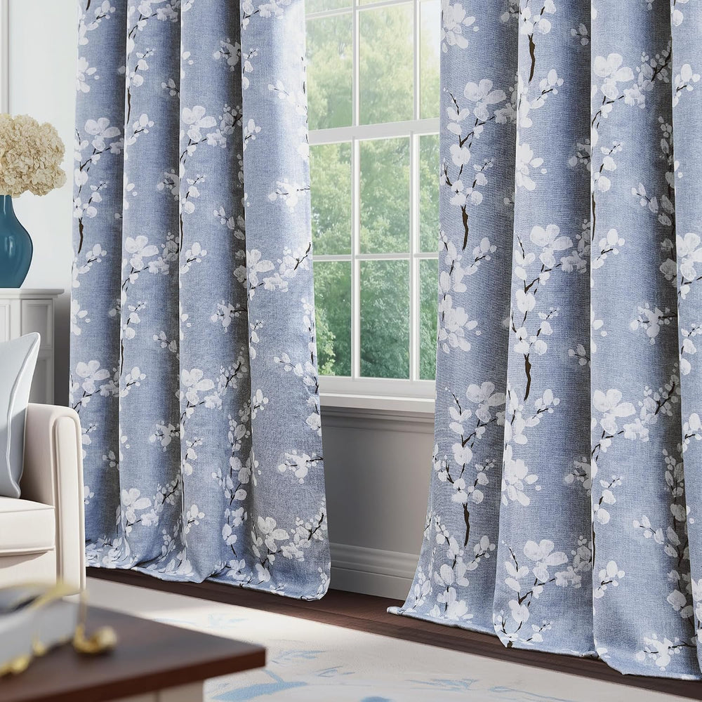 FMFUNCTEX Blue Blackout Floral Curtains for Bedroom, 63 Inches, 2 Panels