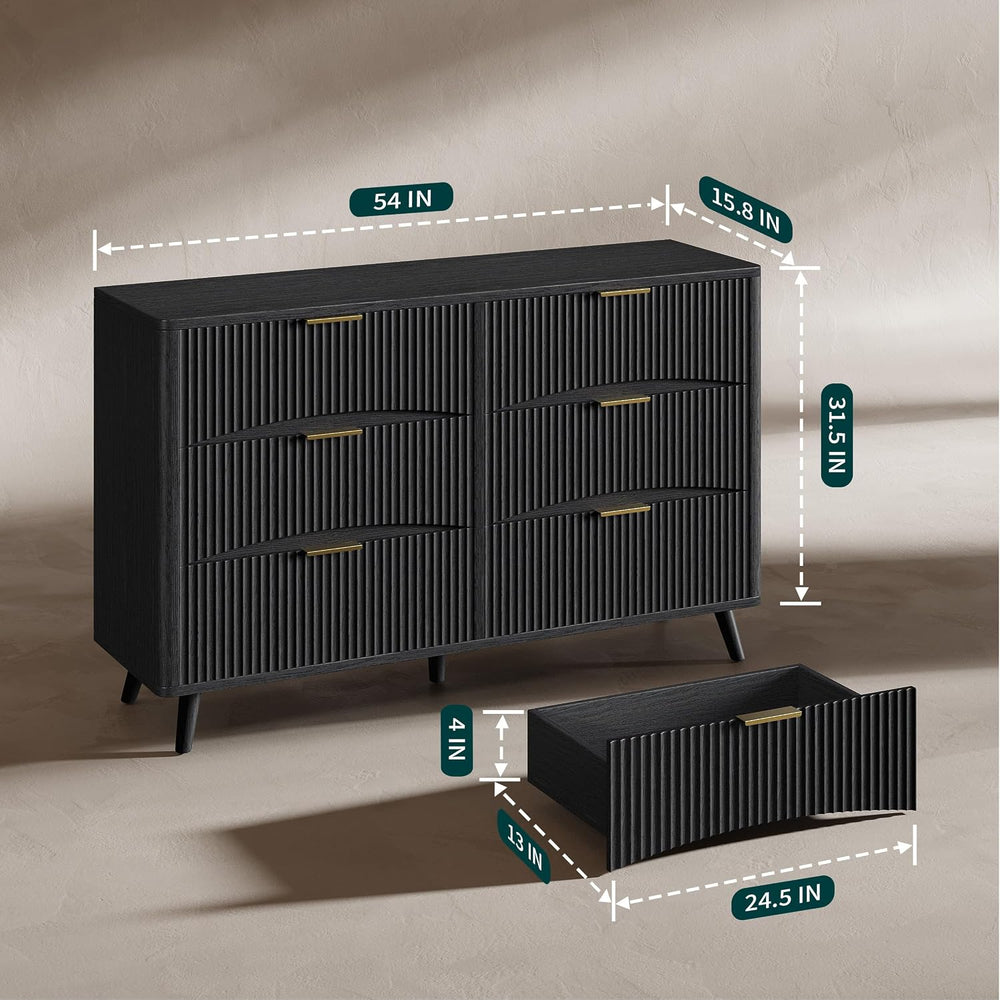Evermagin 54 Inch Black 6 Drawer Dresser, Curved Fluted Chest of Drawers