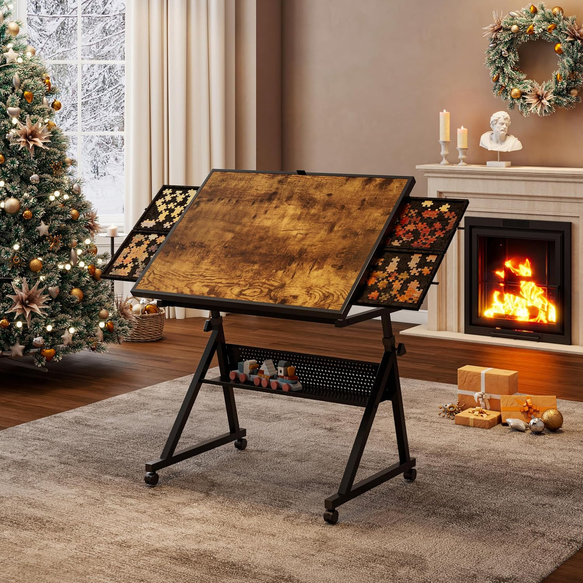 1500Pcs Jigsaw Puzzle Tables for Adults with 4 Trays,Black | Puzzle Board Table with Wood Cover & 4 Wheels | Storage Layer Board | Adjustable Surface | Work Desk | Storage,Sturdy