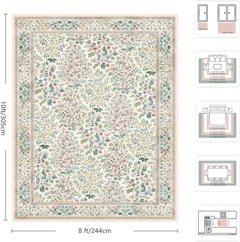 8x10 Area Rugs, Machine Washable Low Pile Floral Rugs for Living Room, Bedroo...